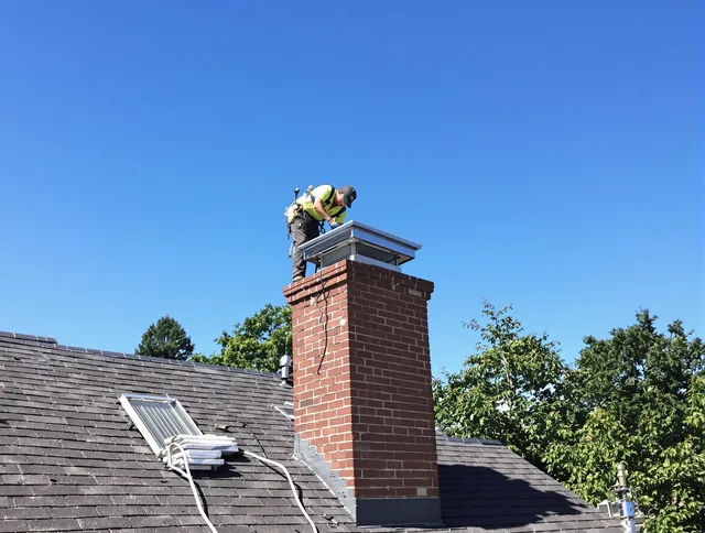 Richmond Heights Chimney Sweep technician measuring a chimney cap in Richmond Heights, OH